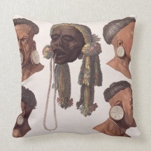Heads of Botocudos Indians (colour engraving) Cushion