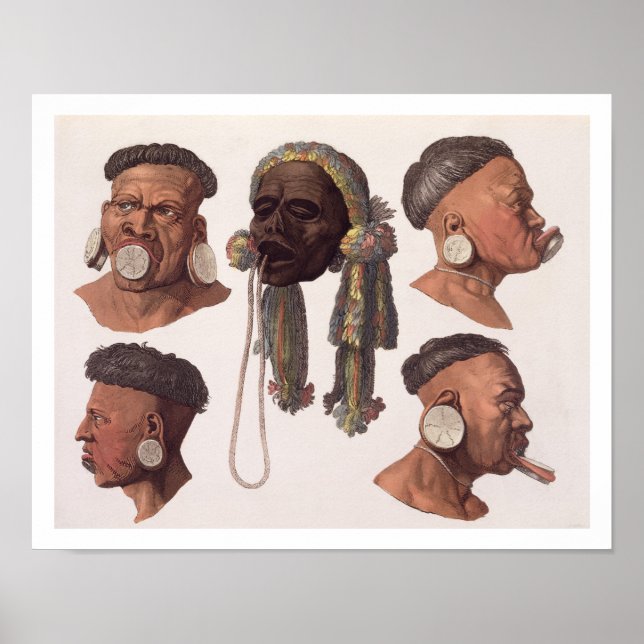 Heads of Botocudos Indians (colour engraving) Poster (Front)