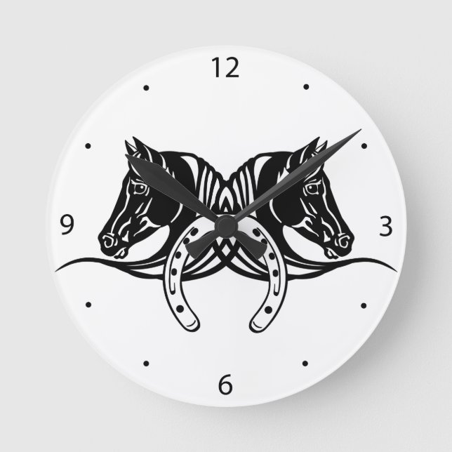 heads of two black horses and horseshoe round clock (Front)