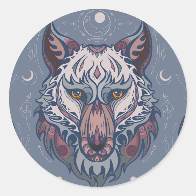 Heads of wolves with boho decoration  classic round sticker (Front)