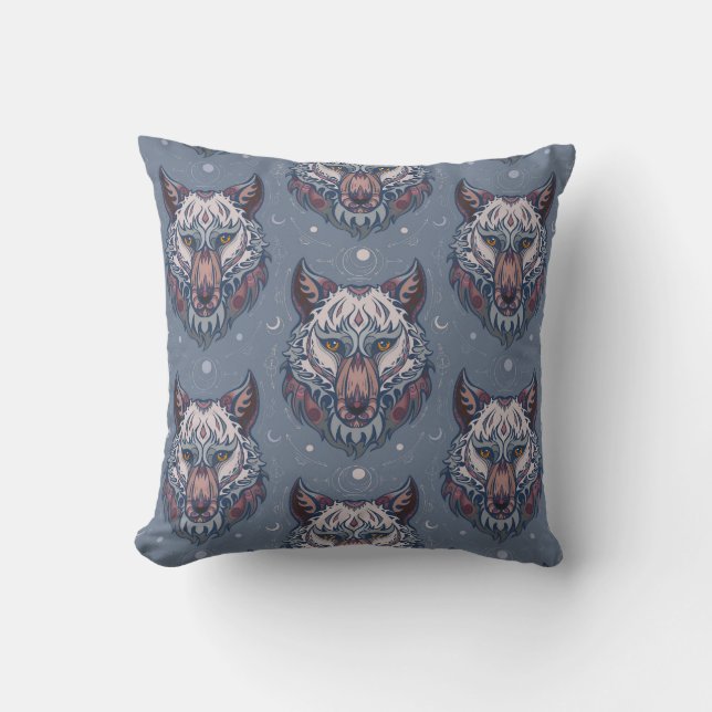 Heads of wolves with boho decoration cushion (Front)