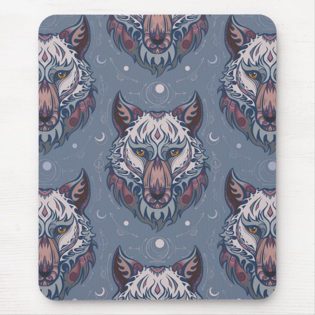 Heads of wolves with boho decoration mouse pad (Front)