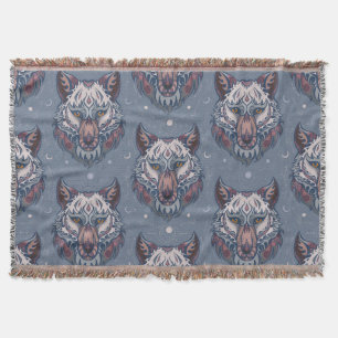 Heads of wolves with boho decoration throw blanket