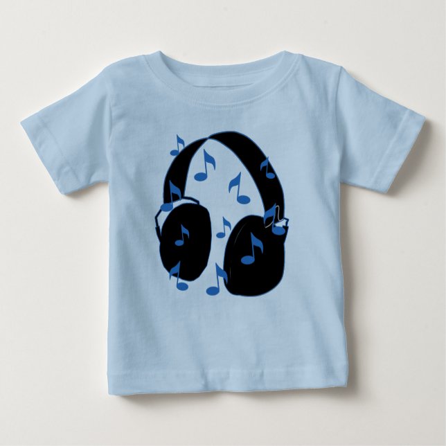Headset with Musical Notes for Baby in Blue Baby T-Shirt (Front)