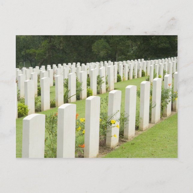 Headstones in a war cemetery postcard (Front)