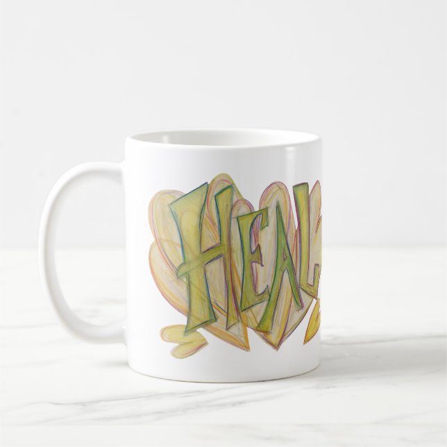 Heal Hearts Inspirational Word Art Coffee Mug (Left)