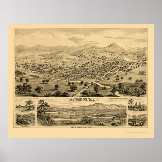 Healdsburg, CA Panoramic Map - 1876 Poster (Front)