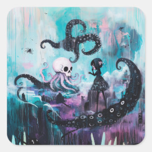 Healer Octopus Skull Magical Witchy Goth AI Art Square Sticker