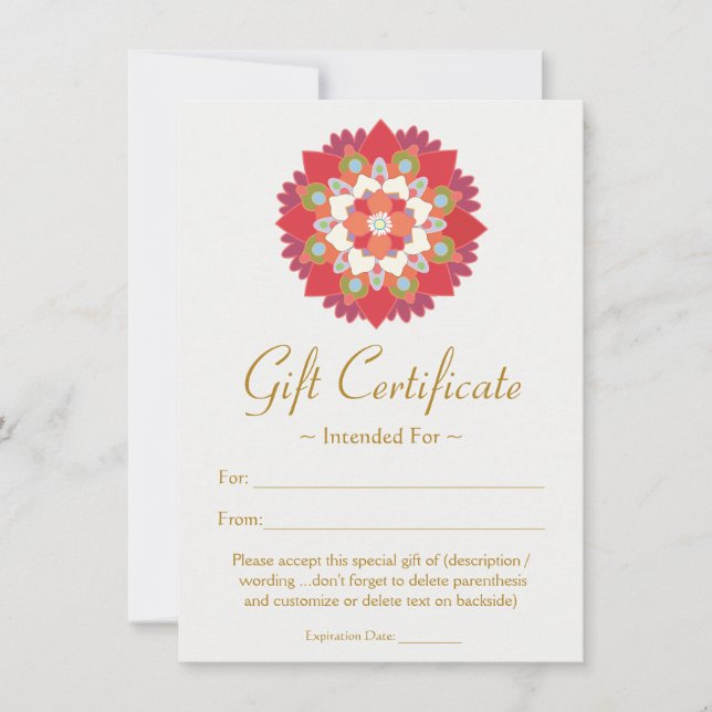 Healing Arts  Red Lotus Flower Gift Certificate (Front)