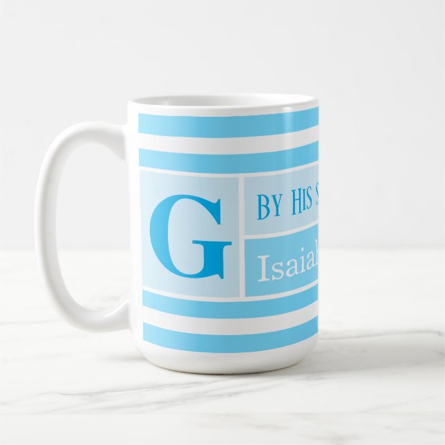 Healing Bible Verse Blue and White Striped Initial Coffee Mug (Left)