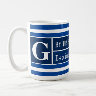 Healing Bible Verse Navy Blue Striped Initial Coffee Mug