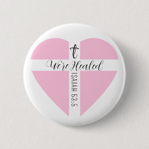 Healing Bible Verse Pink Heart Cross Simple White 6 Cm Round Badge