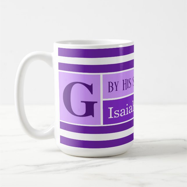 Healing Bible Verse Purple Striped Initial Coffee Mug (Left)