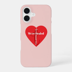 Healing Bible Verse Red Heart Cross Simple Pink iPhone 16 Case