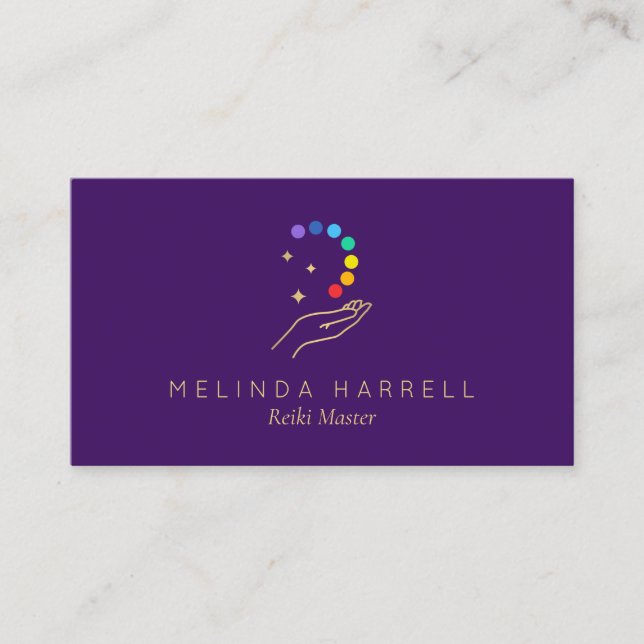 Healing Hand Logo Reiki, Massage Bright Purple Business Card (Front)