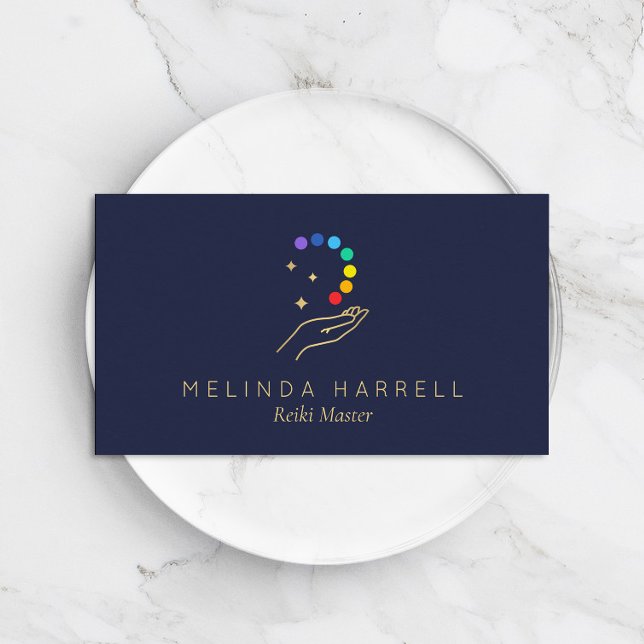 Healing Hand Logo Reiki, Massage Therapy Dark Blue Business Card (Creator Uploaded)