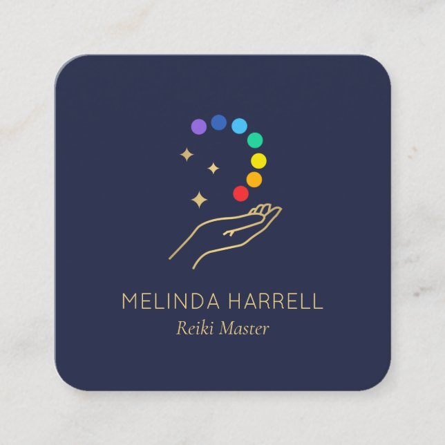 Healing Hand Logo Reiki, Massage Therapy Dark Blue Square Business Card (Front)