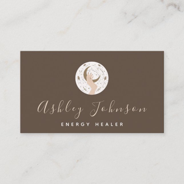 Healing Hand & Moon Dark Brown Metaphysical Witchy Business Card (Front)