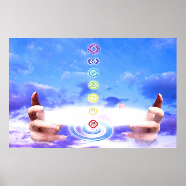 Healing hands, energy, chakra symbols, blue poster (Front)