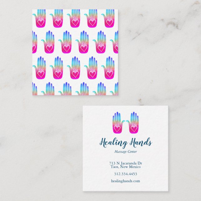Healing Hands Hearts Hamsa Colourful Pattern Square Business Card (Front/Back)