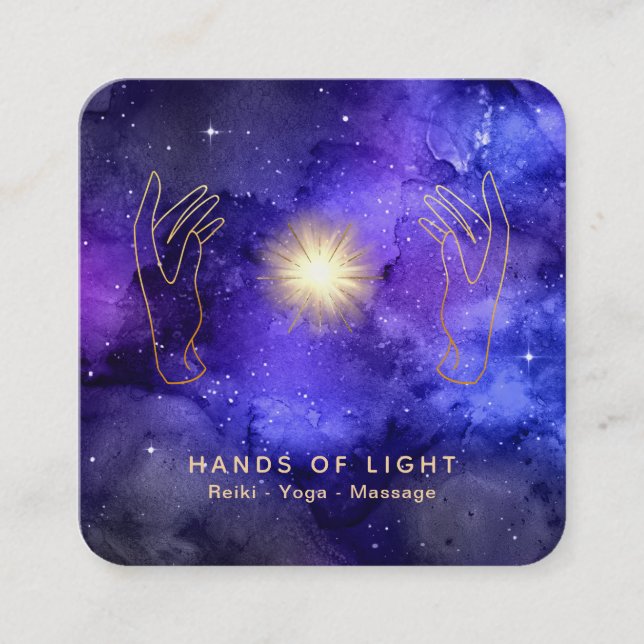 *~* Healing Light Hands  Stars Universe Cosmic Square Business Card (Front)