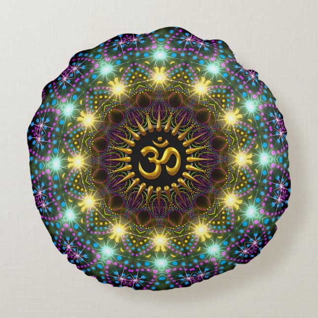 Healing Light Mandala Om Symbol Round Pillow (Back)