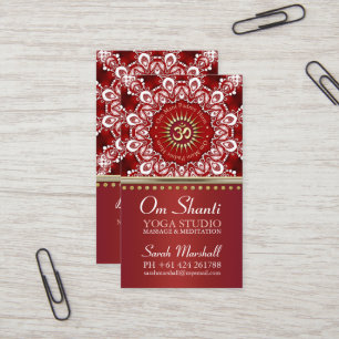 Healing Om Shanti Red White Mandala Yoga Business Card
