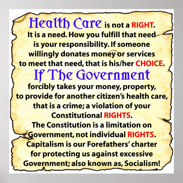 Health Care Is Not A Right! Poster (Front)