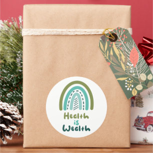 Health is wealth motivational boho rainbow blue classic round sticker