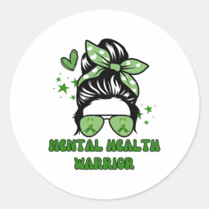 Health Warrior Messy Bun Groovy Leopard Green Ribb Classic Round Sticker