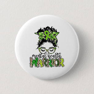 Health Warrior Messy Bun Hair Leopard Green Ribbon 6 Cm Round Badge