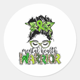 Health Warrior Messy Bun Hair Leopard Green Ribbon Classic Round Sticker