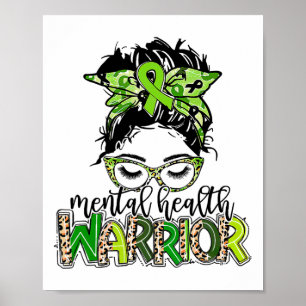 Health Warrior Messy Bun Hair Leopard Green Ribbon Poster