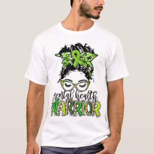 Health Warrior Messy Bun Hair Leopard Green Ribbon T-Shirt