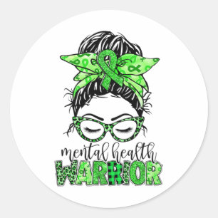Health Warrior Messy Bun Woman Neurodiversity Emot Classic Round Sticker