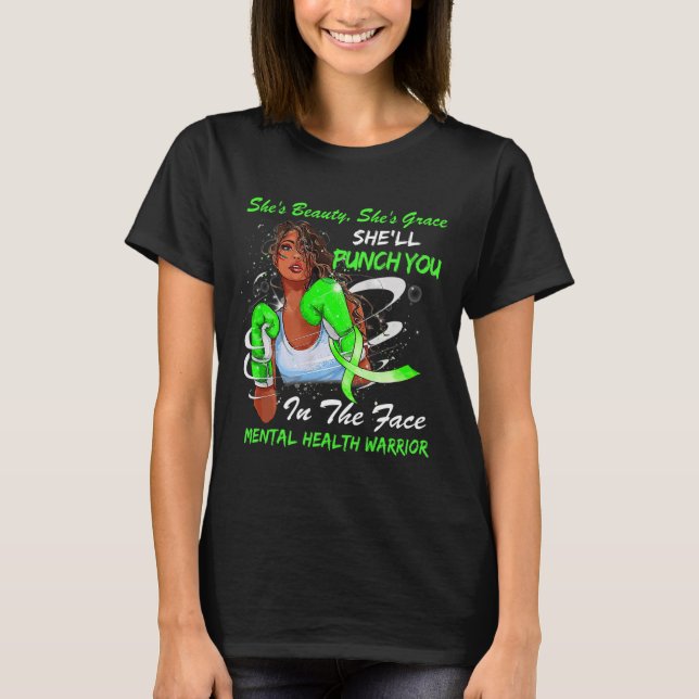 Health Warrior She'll Punch You Ribbon Black Woman T-Shirt (Front)