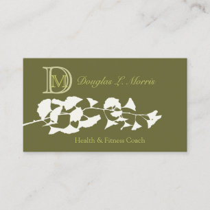 Health Wellness White Silvery Ginkgo Tree Monogram Business Card