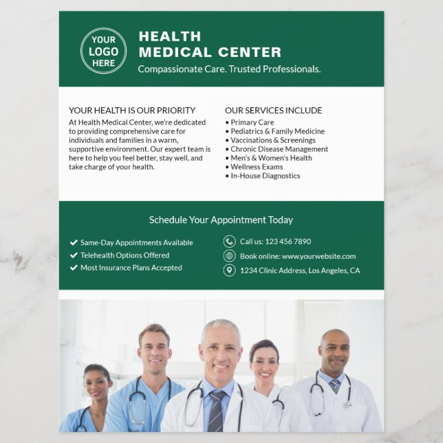 Healthcare Clinic Doctor Logo Photo QR Green Flyer (Front)