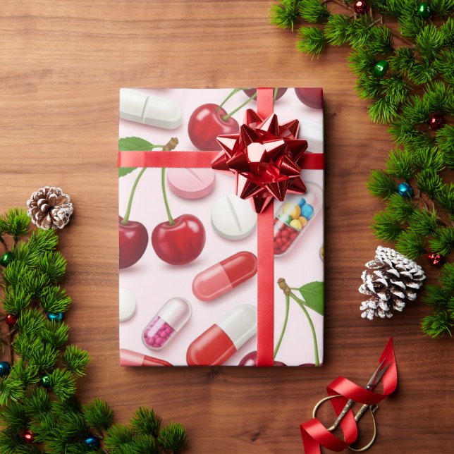Healthcare & Pharmacy Pink Cherry Capsule  Wrapping Paper (Holiday Gift)