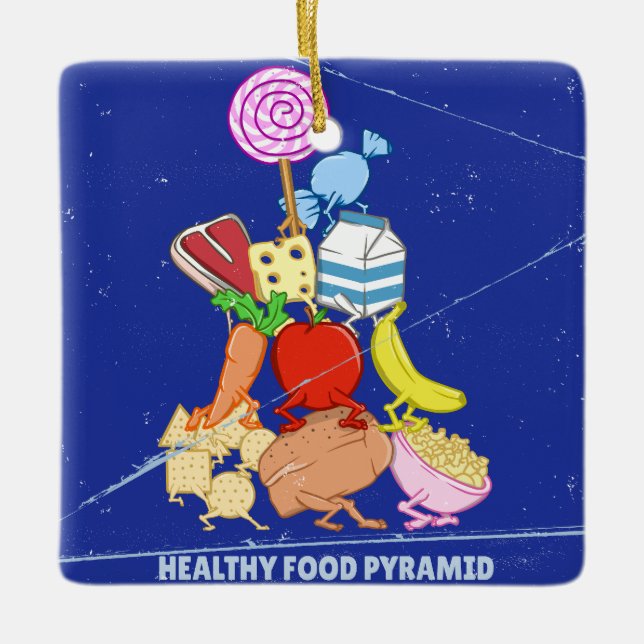 Healthy food pyramid funny cartoon illustration ceramic ornament (Front)