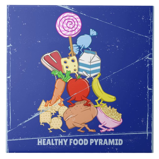 Healthy food pyramid funny cartoon illustration ceramic tile (Front)
