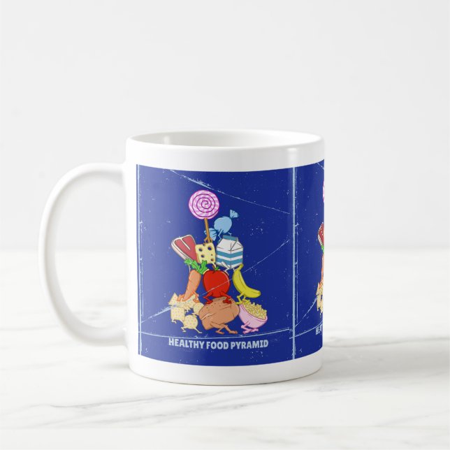 Healthy food pyramid funny cartoon illustration coffee mug (Left)