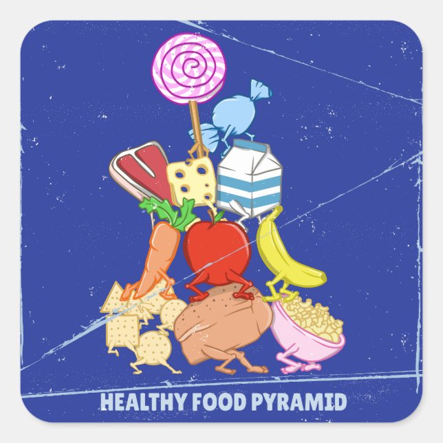 Healthy food pyramid funny cartoon illustration square sticker (Front)