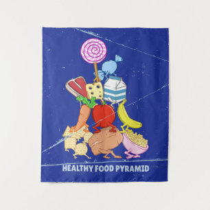 Healthy food pyramid funny cartoon illustration tapestry