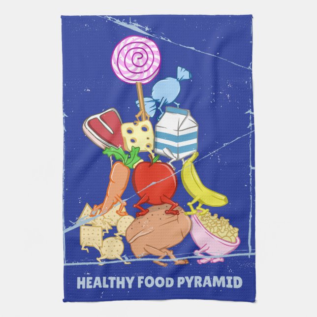 Healthy food pyramid funny cartoon illustration tea towel (Vertical)