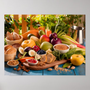 Healthy Food Spread on Rustic Wooden Table Poster