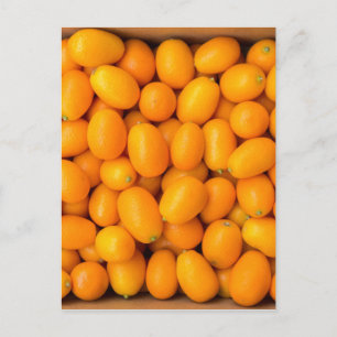 Heap of orange kumquats in cardboard box postcard