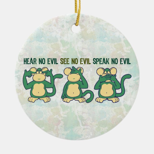 Hear No Evil Monkeys Greens Ceramic Tree Decoration (Front)