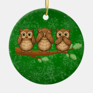 Hear, See, and Speak No Evil Owls Ceramic Ornament