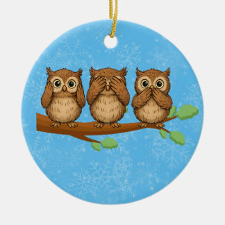Hear, See, and Speak No Evil Owls Ceramic Ornament